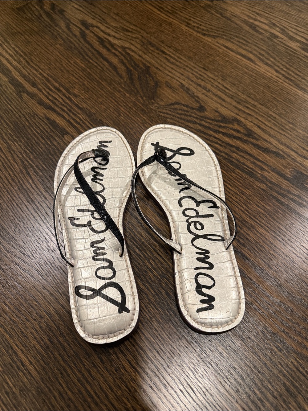 Sam Edelman Cream Croc-Embossed Flip Flop Sandals with Black Straps